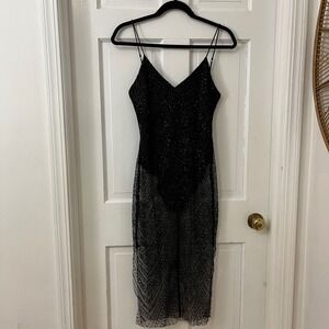 Meshki Sequin Mesh Midi Dress XS Black Sheer Bodysuit Lining Sparkly Glam Sexy